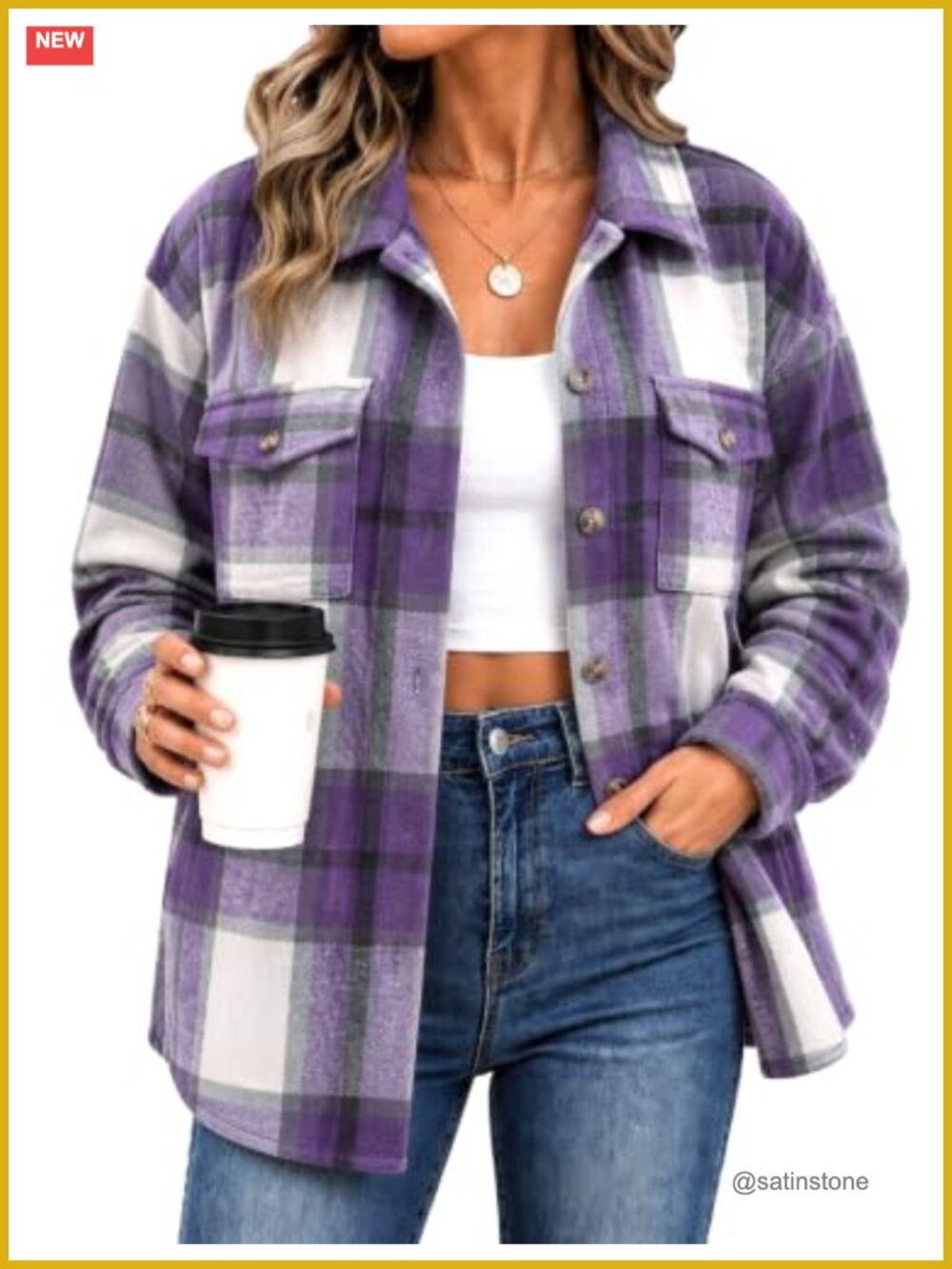Women's Flannel Plaid Shacket Long Sleeve Button Down Casual Jacket
